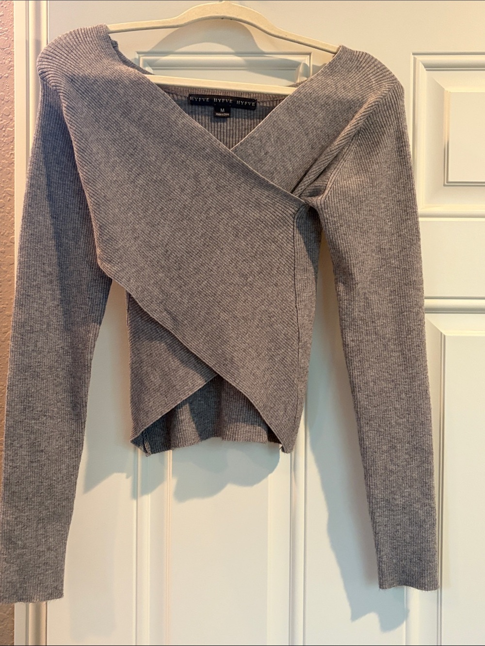 HYFVE Gray Off-Shoulder Cross-Front Ribbed Sweater